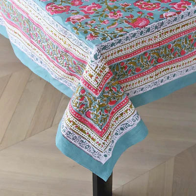 Cotton Hand Block Printed Tablecloth in Green and Pink Floral