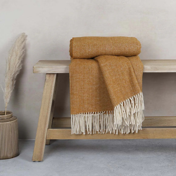 Fine Weave Pure New Wool Throw in Ochre